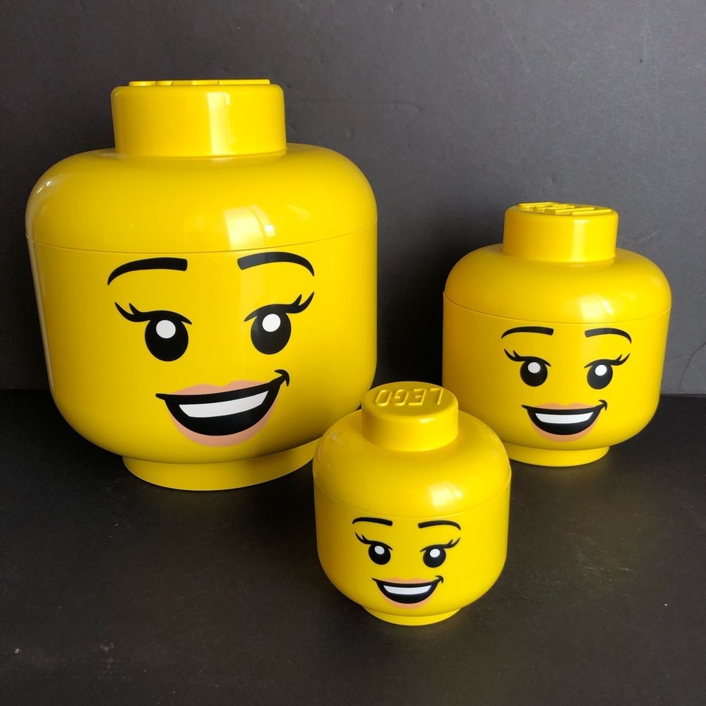 LEGO Storage Head Set 3 Piece Stackable Yellow Kids Boxes With Lids New